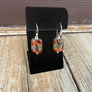 Handmade Sterling Silver .925 Dichroic Glass Earrings Rectangular Dangle Sparkle